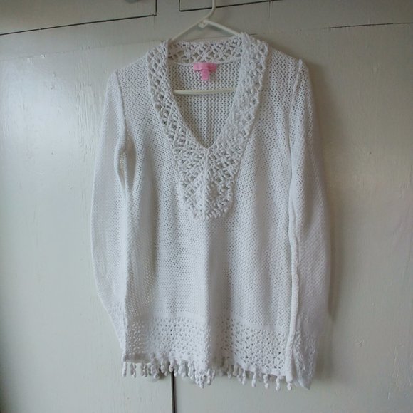 Lilly Pulitzer Sweaters - Lilly Pulitzer Long Sleeve Loose Knit Crochet V-neck Sweater White SZ S